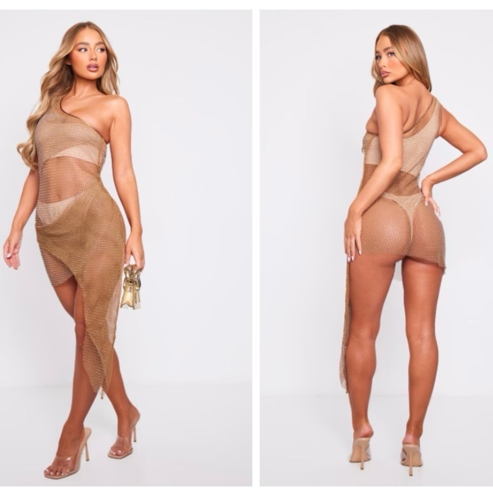 NWT PrettyLittleThing Mocha Diamante One-Shoulder Fishnet Bodycon Dress